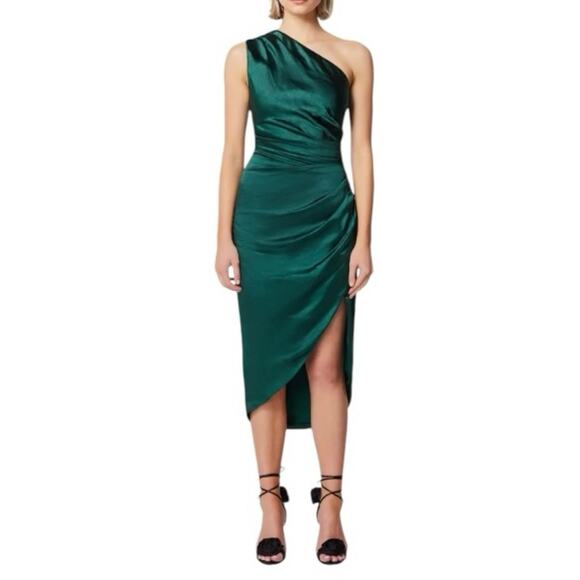 Elliatt Green One Shoulder Satin with Leg Slit Dress Size XS - Picture 6 of 6